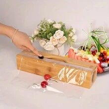 2 Fächer Küchenfolie Spender mit Alufolie Schneidebox, Bambus Frischhalte-Tüten Schneidhalter, Mehrzweck Frischhalte-Tüten Organizer Küchenhelfer