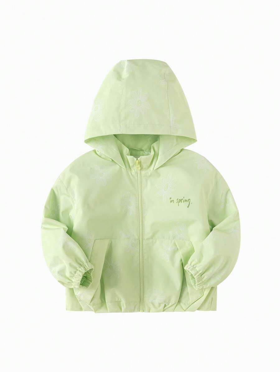 Balabala Girls' Softshell Jacket, Hooded Printed Spring Outerwear - Yellow Green - View 1