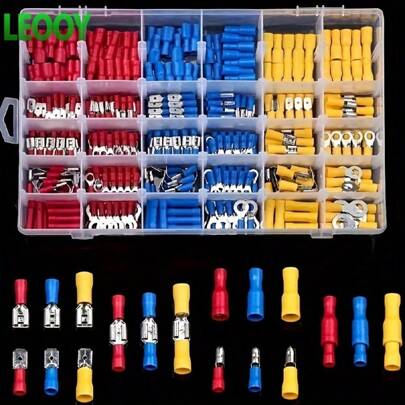 leooy 100 件电气压接叉端子套件，各种电缆连接器套装，带绝缘环叉压接端子，适用于汽车和船用接线，RV 圆形冷压端子，O 型线耳，铜预绝缘线耳