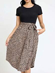 Boho Retro Classic Short Sleeve Contrast  Stripe Green Red Blue Black Midi Dress With Sash  | S-3X - 豹 - 查看 4