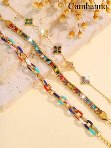 Camhanno 3 件可堆叠女士手链奢华复古不锈钢彩色链条手链套装，适合赠送珠宝配饰和礼物给家人和朋友，适合日常度假宴会