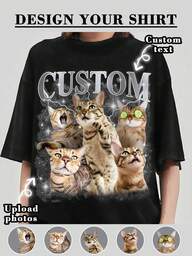 Customized Pet, Retro 90s Rap Dog Graphic T-Shirt, Add Your Own Text And Images (Family Photo/Selfie/Pet Photo/Friends Photo/Party Photo) To Design Your Personalized Printed T-Shirt, Suitable For (Anniversary/Wedding Proposal/Engagement/Becoming A Couple), Suitable For Best Friends/Sisterhood Group Customization, Suitable For Daily Wear/Wedding Party/Company Gathering/Family Gathering, Holiday Gift, Mother's Day