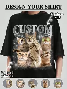 Customized Pet, Retro 90s Rap Dog Graphic T-Shirt, Add Your Own Text And Images (Family Photo/Selfie/Pet Photo/Friends Photo/Party Photo) To Design Your Personalized Printed T-Shirt, Suitable For (Anniversary/Wedding Proposal/Engagement/Becoming A Couple), Suitable For Best Friends/Sisterhood Group Customization, Suitable For Daily Wear/Wedding Party/Company Gathering/Family Gathering, Holiday Gift, Mother's Day - Black - View 1