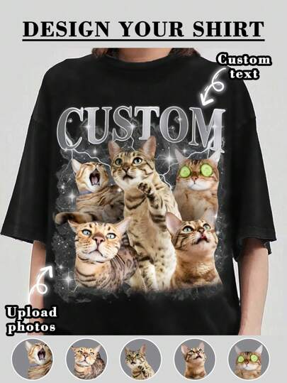 Customized Pet, Retro 90s Rap Dog Graphic T-Shirt, Add Your Own Text And Images (Family Photo/Selfie/Pet Photo/Friends Photo/Party Photo) To Design Your Personalized Printed T-Shirt, Suitable For (Anniversary/Wedding Proposal/Engagement/Becoming A Couple), Suitable For Best Friends/Sisterhood Group Customization, Suitable For Daily Wear/Wedding Party/Company Gathering/Family Gathering, Holiday Gift, Mother's Day