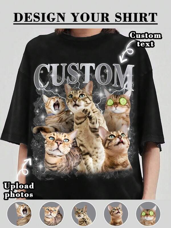 Oversized Shirt, Gift For Girlfriend/Wife, Valentine's Gift, Pet Family Customized, Custom Women's T-Shirt Shirt - Add Your Own Text And Images (Family Photo/Selfie/Pet Photo/Friend Photo/Party Photo) To Design Your Personalized Printed T-Shirt, Youth/Couple/Family/Pet Photo, Anniversary Gift,Chic Autumn, Utilitarian Chic, Fall New Style Women, Graphic Print