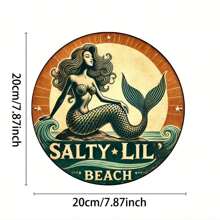 Cartel decorativo de pared con diseño de sirena - Grabado en hoja de aluminio, placa redonda vintage "Salty Lil' Beach", decoración temática náutica para bar/cafetería/hogar, regalo perfecto para entretenimiento de amigos y familiares, aluminio, 7.87x7.87 pulgadas - 1 pieza