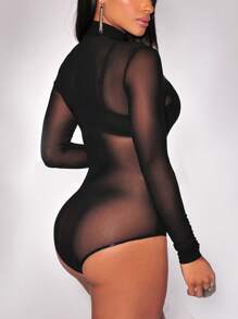 Women Sexy Long Sleeve Romper Mesh Sheer See-Through High Neck Jumpsuit Solid Color Stretch Slim One Piece Bodycon - màu đen - Xem 3