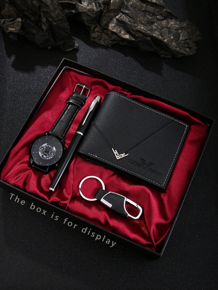4pcs/Set Fashionable Business Leather Wallet, Quartz Watch, Keychain, Pen, Men Holiday Gift
