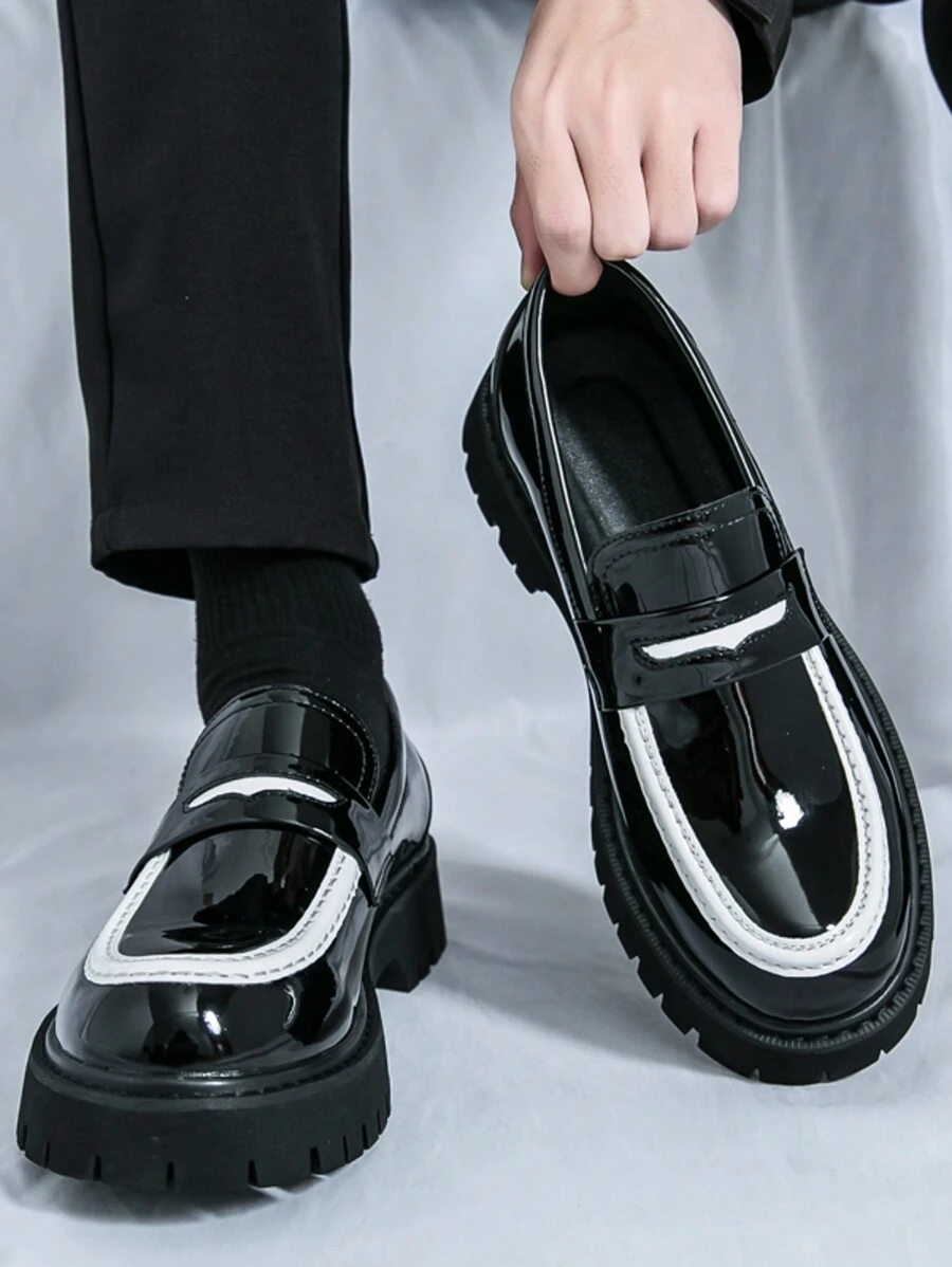 男士一脚蹬乐福鞋，厚底，英伦风格，时尚办公和休闲装 - 黑與白 - 查看 1