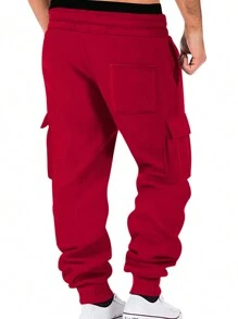 TRFIC Mens Fleece Cargo Sweatpants Heavyweight Elastic Waist Pants With Pockets Baggy Drawstring Jogger Pants - 紅色 - 查看 6