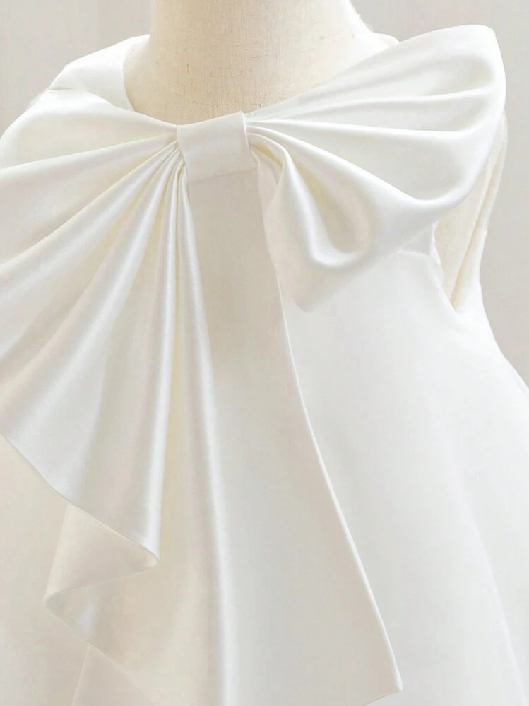 Baby Girls' White Bow Christmas Party Dress, Elegant Princess Tulle Gown, Suitable For 1st Birthday, Wedding, Banquet, Holiday Celebration - White - View 7