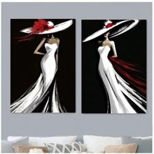 2 piezas Pósteres de arte de pared autoadhesivos con figura femenina elegante y estilosa que incluye vestido de noche de falda trompeta blanca, sombrero de ala ancha. Diseño autoadhesivo, fácil de instalar, para decoración