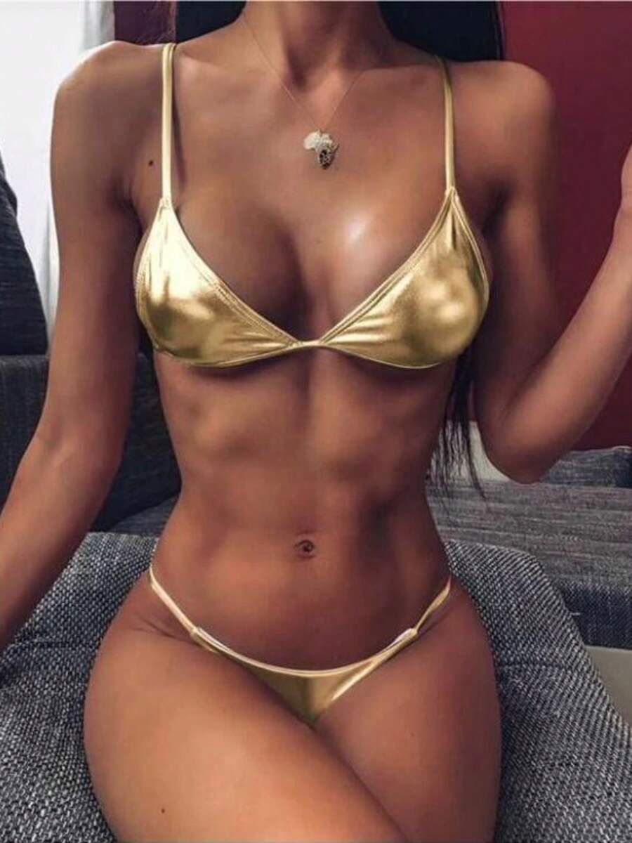 Womenacute;S Solid Color Sexy Bikini Set Shine Gold Bra And Low-Rise Triangle Shorts Swimming Suit - Vàng - Xem 1