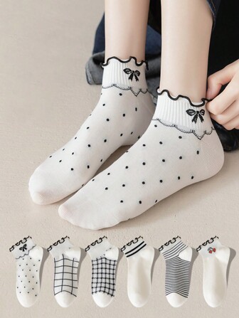 6 双夏季女士随机千鸟格蕾丝袖口甜美可爱校园风透气短袜