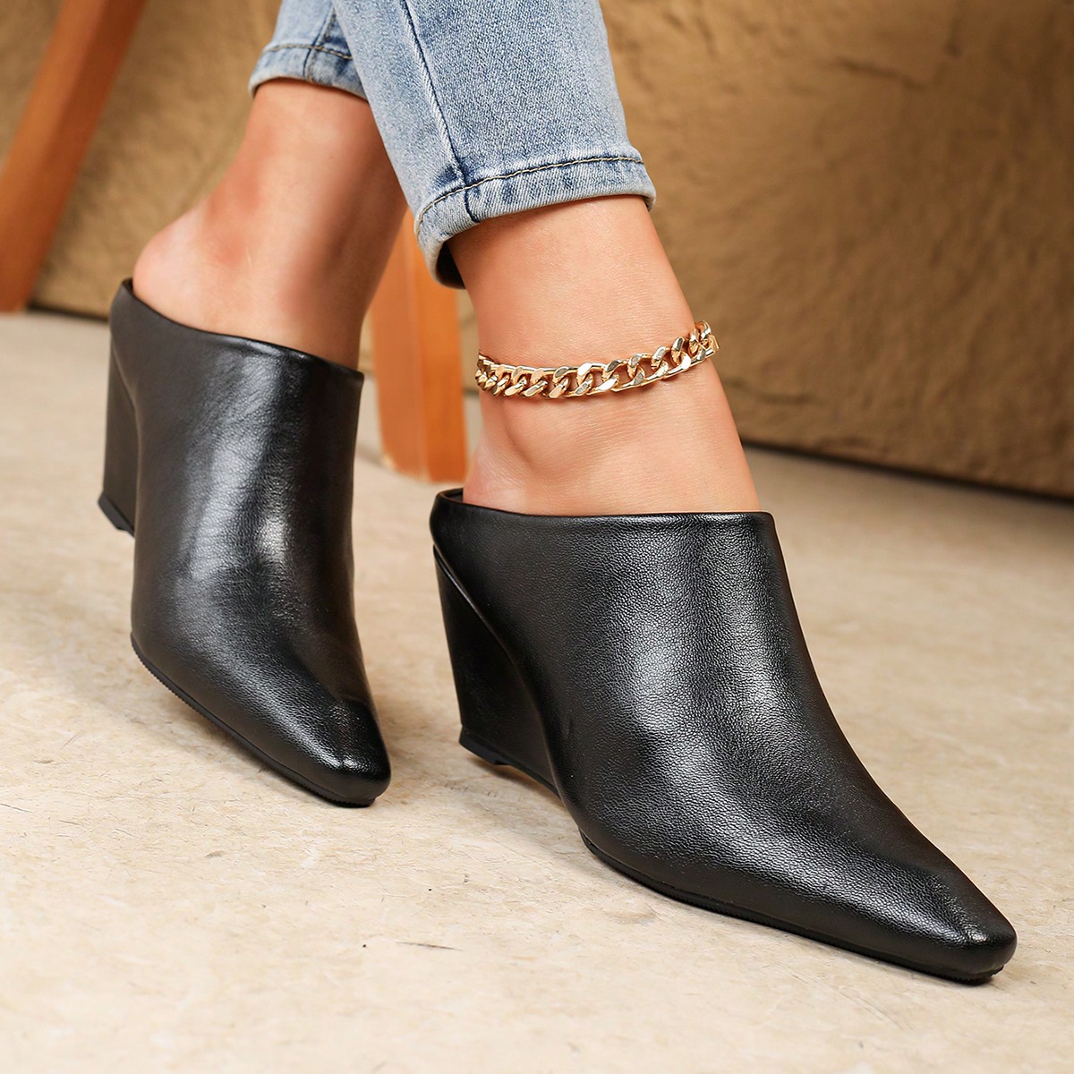 Mules de cuña con punta cuadrada y estilo coreano para mujer, mocasines casuales versátiles con pliegues hechos a mano y tacones altos