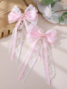 2 件/套女孩蝴蝶结、樱花和珍珠蕾丝发夹 - 粉色 - 查看 4