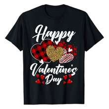 Happy Valentine's Day Hearts With Leopard Plaid Valentine T-Shirt Women's Short Sleeve Sports T-Shirt