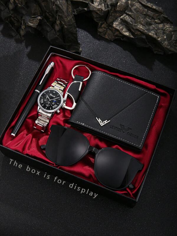 Set de Regalo Empresarial Moderno de 5 Piezas para Hombre: Cartera, Reloj de Cuarzo, Llavero, Pluma, Gafas de Sol, Regalo para Festividades