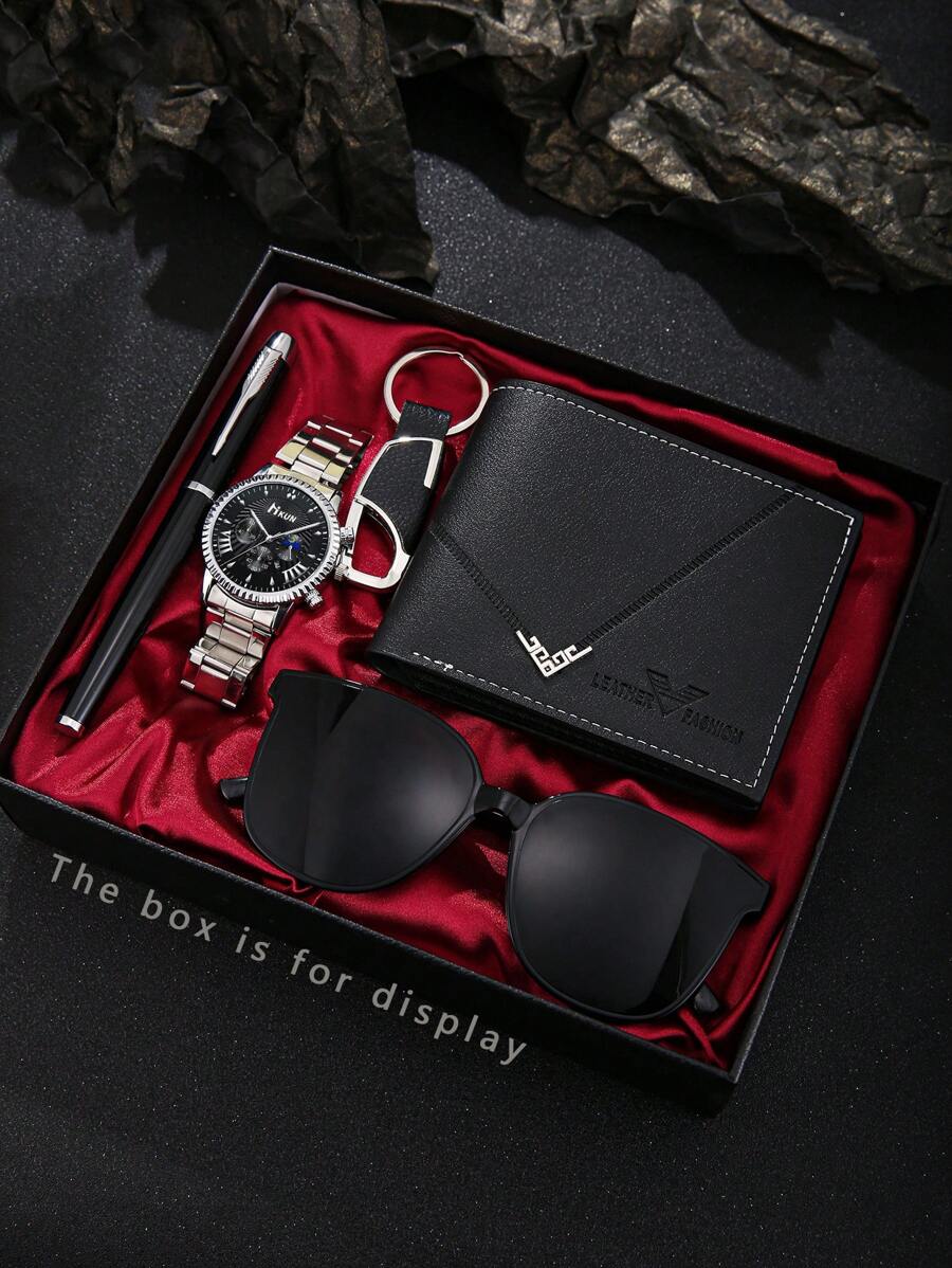 5 件/套时尚男士商务礼品套装：真皮钱包、石英表、钥匙扣、钢笔、太阳镜、节日礼物