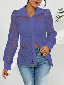 Guipure Lace Shirt With Long Sleeves And Collar - Màu tím  Violet - Xem 4