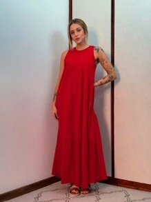 Women's Long Loose Cotton Knit Dress In Aveloz - 紅色 - 查看 3