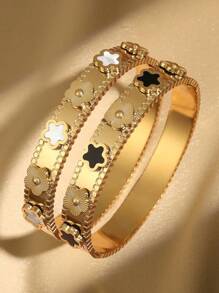 1pc Fashionable Floral Stainless Steel Golden Plated Bracelet, Water-Resistant Ladies Bangle