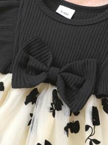 2pcs Set, Casual Elegant Sweet Cute Baby Girl Dress, Soft & Comfortable, Bow Decor Ruffle Hem Floral Embroidery Mesh Princess Dress & Headband Set, Baby Girl Clothing, Toddler Girl Outfit, Suitable For Daily Wear, Vacation, Party, Photography