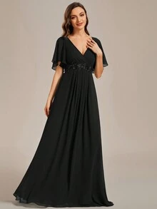 EVERPRETTY Elegant Spring V-Neck Embroidered Ruffle Sleeve Pleated Chiffon Black Bridesmaid Dress, Wedding Guest Semi-Formal Dress - Black - View 4