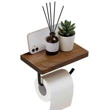 1pc Toilet Paper Holder With Natural Walnut Wooden Shelf Tissue Roll Hanger Wall Mounted Paper Towel Bar 304 Stainless Steel Paper