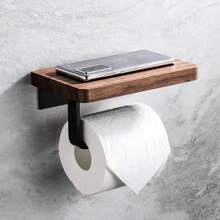 1pc Toilet Paper Holder With Natural Walnut Wooden Shelf Tissue Roll Hanger Wall Mounted Paper Towel Bar 304 Stainless Steel Paper