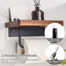 1pc Toilet Paper Holder With Natural Walnut Wooden Shelf Tissue Roll Hanger Wall Mounted Paper Towel Bar 304 Stainless Steel Paper