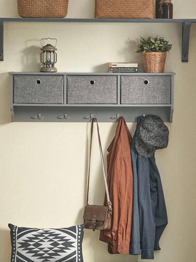 SoBuy FRG282-HG Wandkapstok, halkapstok, kledinghaken, hangplank met 3 manden en 5 haken, lichtgrijs, afmetingen (B x H x D) ca.: 100 x 31 x 20 cm