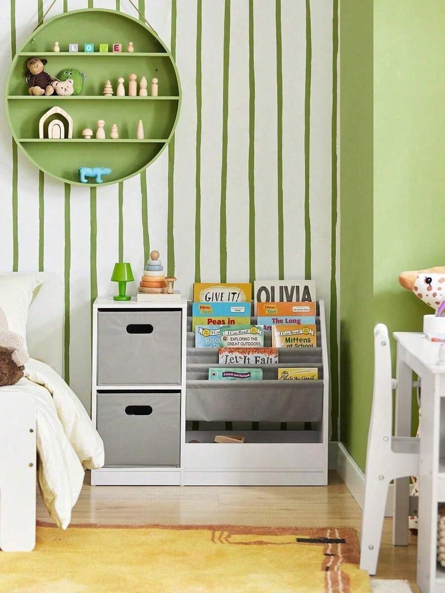 Children Kids Bookcase Toy Shelf Children Sling Bookshelf With 2 Fabric Boxes Grey W80 X D30 X H61cm KMB76-W - White - View 1