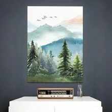 1 Pc Framed Watercolor Green Forest Tree Mountain Range Nature Wall Art Canvas Poster Painting Wall Decor For Bedroom Living Room