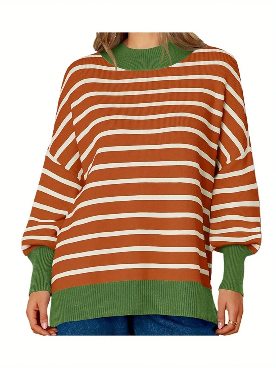 Women's Loose Stripes Sweaters Long Sleeve Round Neck Contrast Color Knit Tops Fall Jumper Tops