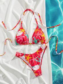 Fashionable New Starfish & Ocean Element Print Sexy Red Bikini Swimwear, Spring/Summer - Red - View 8