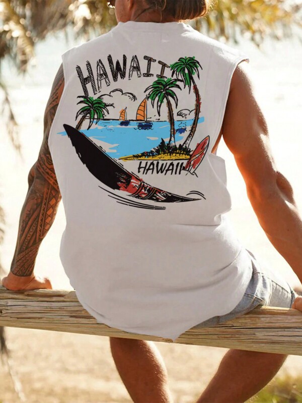 Men's Casual Round Neck Coconut Tree & Surfing Themed Printed Tank Top, Suitable For Beach Vacation And Daily Wear, Summer
