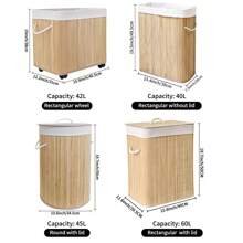 竹制洗衣篮,大容量可折叠移动洗衣篮,带手柄和轮子,矩形/圆形储物篮,节省卧室、浴室、洗衣房、家用洗衣篮的空间,洗衣篮浴室收纳篮,篮子,储物篮,可折叠洗衣篮 - 竹原色 - 查看 3