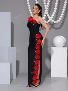 Modphy Nieuwe Sexy Een Schouder Lange Mouw Rugloze Zwaar Versierde Bloemen Diamant Bodycon Lange Jurk, Formele Avondjurk Voor Bruiloftsgasten, Vakantie, Verjaardagsfeestje, Mode Dames Evenement