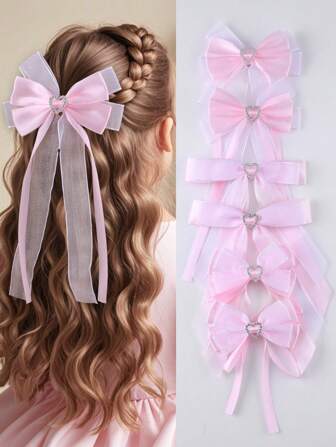 2pcs Girls' Bow & Heart Decor Rhinestone Casual Hair Clips