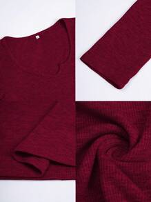 Women's Solid V Neck Long Sleeve Fitted T-Shirt, Spring And Autumn - 酒紅色 - 查看 9
