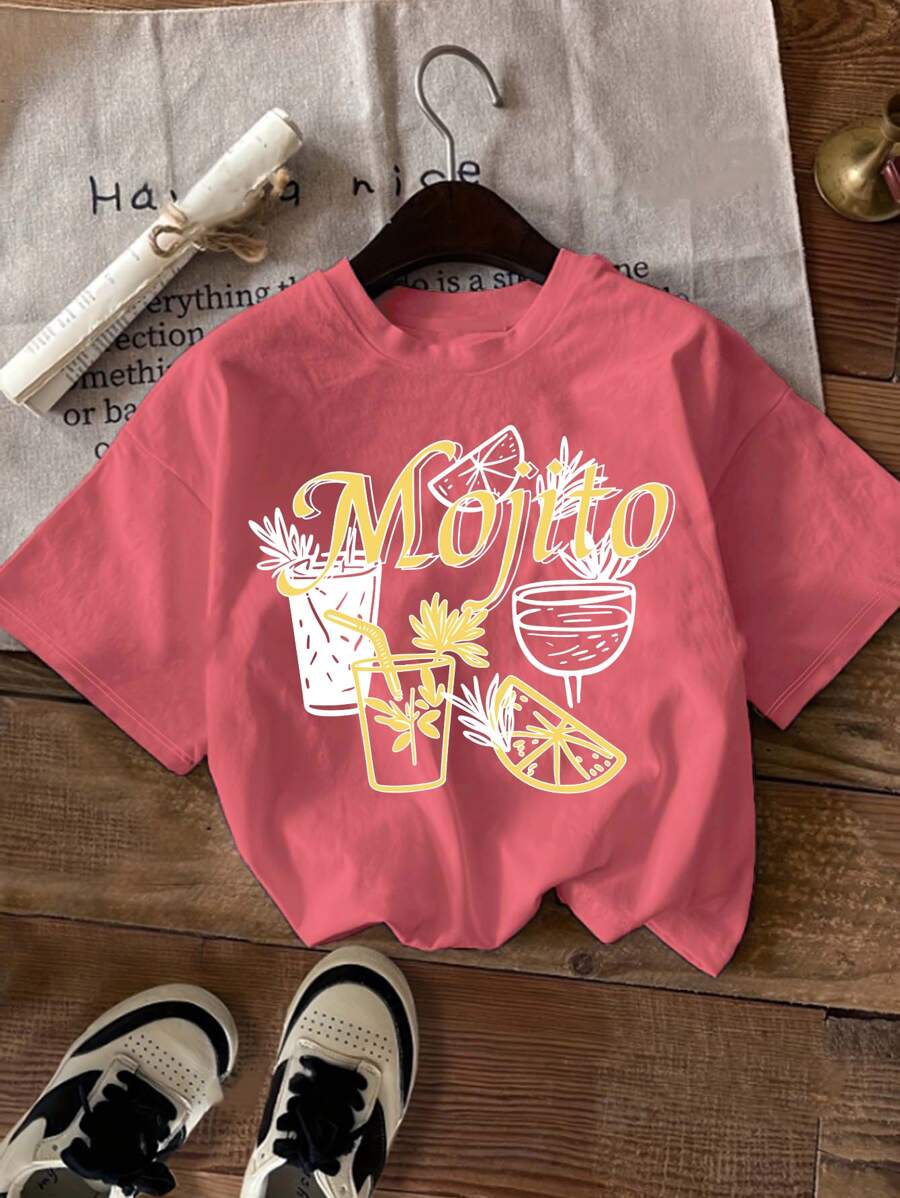 Beverage Printed T-Shirt, Short Sleeved Round Neck Casual Top, Spring And Summer Casual Women's Clothing