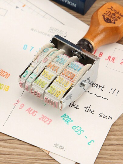1pc Vintage Wooden Handle Date Stamp For Diary Books Rollers Stamp With Base,Back To School,School Supplies