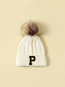 1pc Kids Letter Fuzzy Ball Beanie Hat, Winter - White - View 21