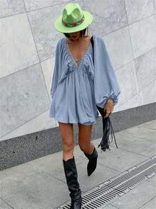 Women's Summer Vacation Solid Color Deep V-Neck Lantern Sleeve Backless Dress