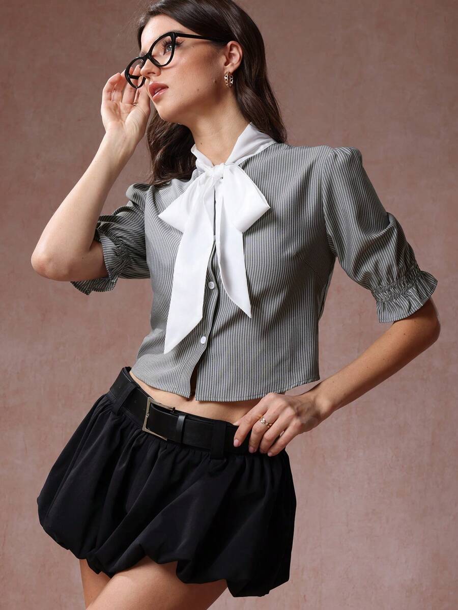 Women Striped Tie Collar Bow Short Sleeve Casual Shirt, Office/Work Wear, Spring - Grey - View 1