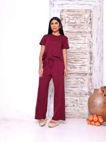 Women's Set Of Wide Leg Pants And Comfortable Sweatshirt Top Summer - 酒紅色 - 查看 2