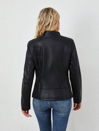 Giolshon Women Faux Leather Motorcycle Jacket - Asymmetric Zipper, Stand Collar, Suitable For Urban Streetwear And Commuting Style, Spring Black Elegant