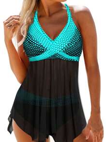 Women Two-Piece Swimming Clothes Set, V-Neck Sleeveless Variegated Color Tops And Panties, Lake Blue/ Green/ Orange/ Purple - 藍色 - 查看 2