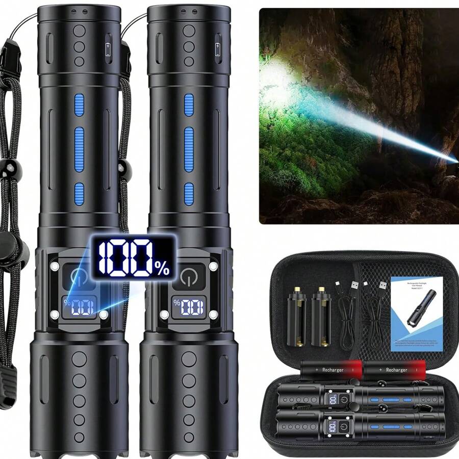 Flashlights High Lumens Rechargeable - 20,000 Lumens Super Bright Tactical LED Flash Light, Dimmable&Memory Function Powerful Waterproof Flashlight For Camping,6 Modes,Zoomable,LCD Display (2, Black) - K2311 - Xem 1